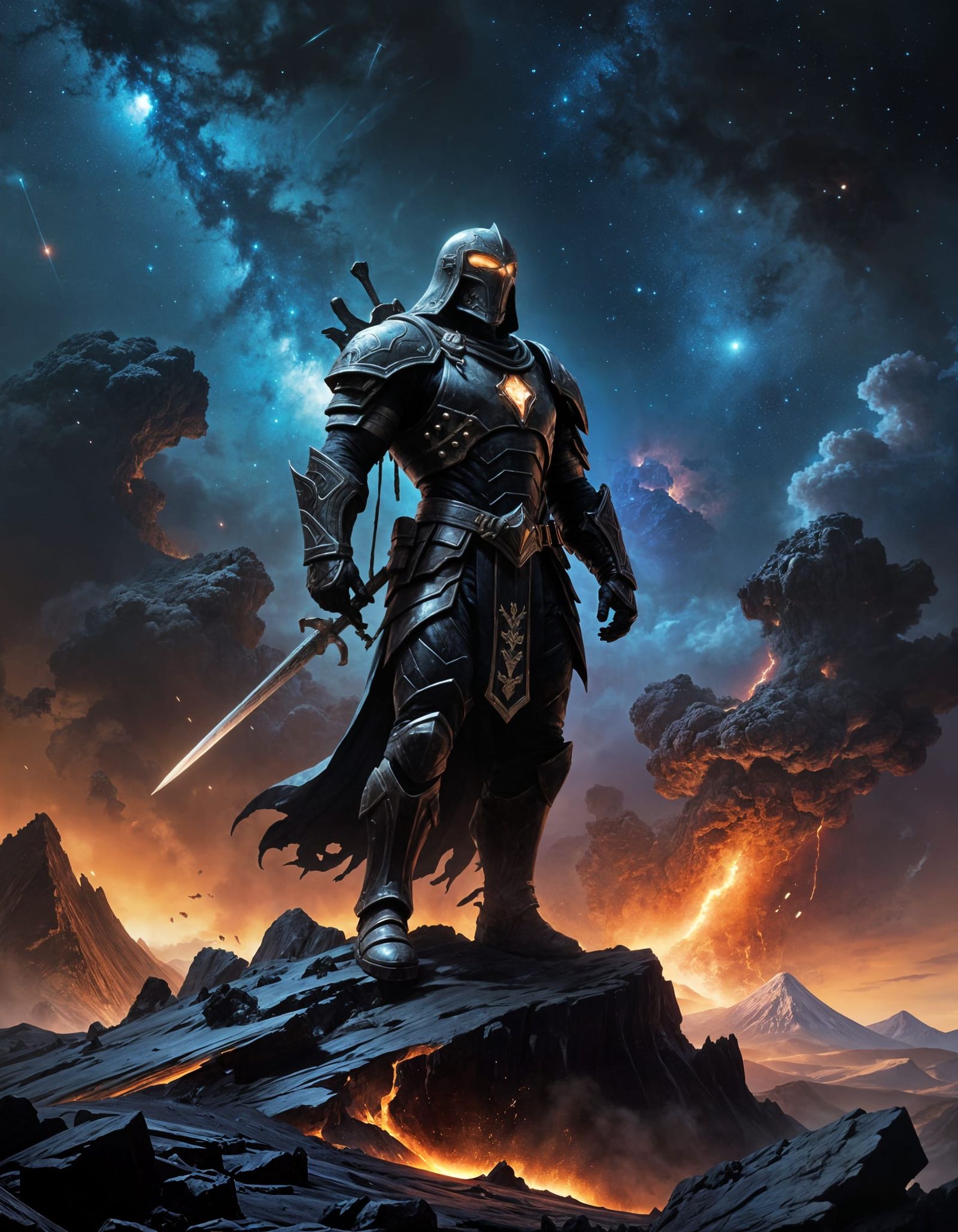 Epic Dark Fantasy Warrior Before Volcano