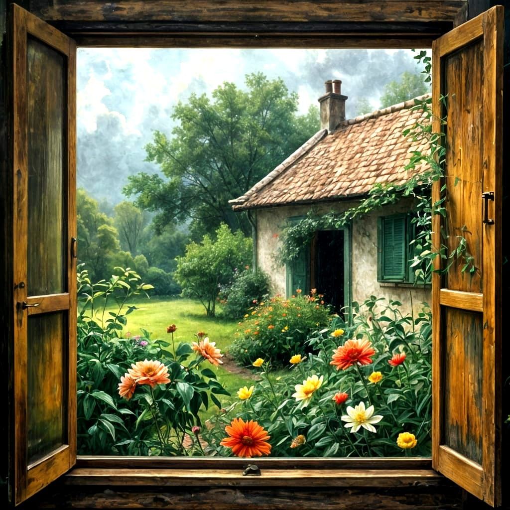 Impressionistic Garden View Through Rain-Streaked Window