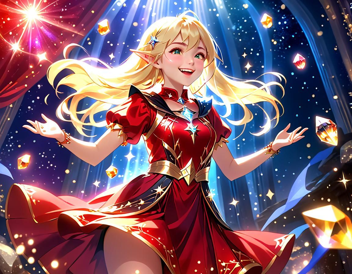 Giggling Sorceress Surrounded by Magic Crystals