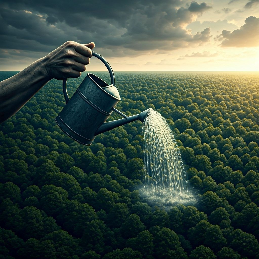 Giant Hand Waters Forest Canopy from Above