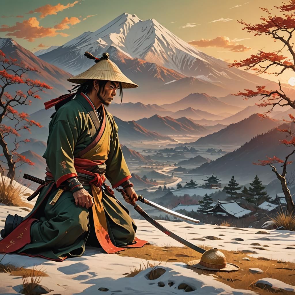 Samurai Craving Katana at Sunset in Oriental Style