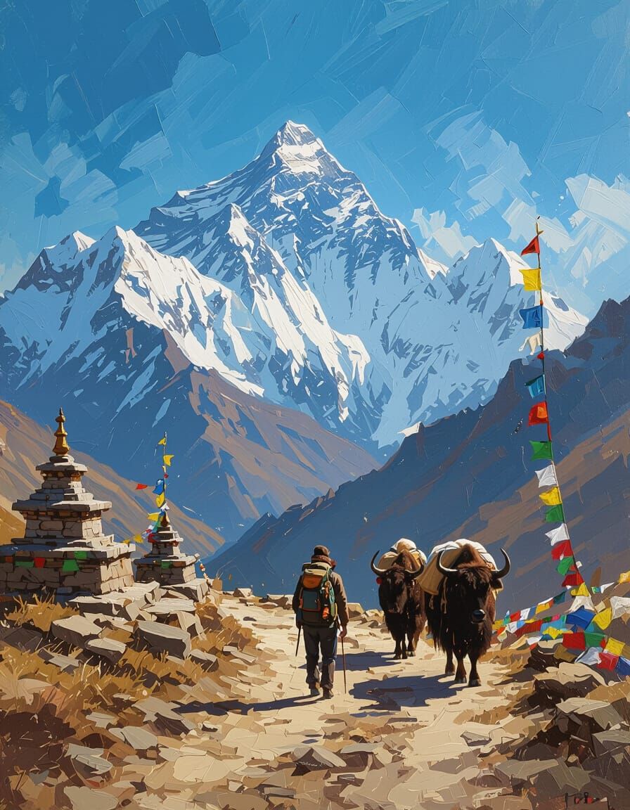 Trekker and Yaks at Everest Base Camp in Oil Impasto Style