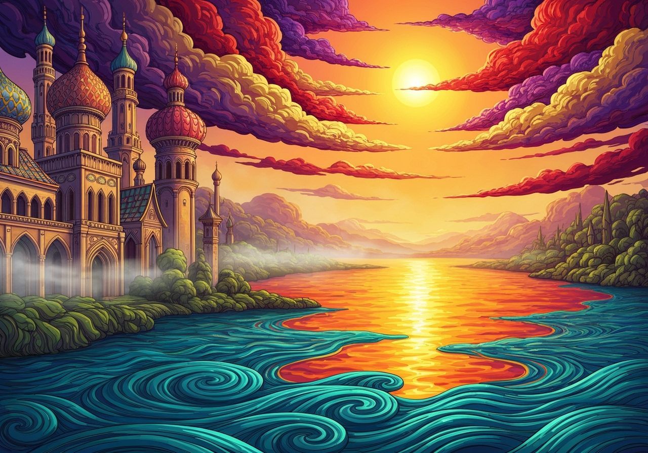 Fantastical Riverside Scene with Ornate Buildings in Surreal...