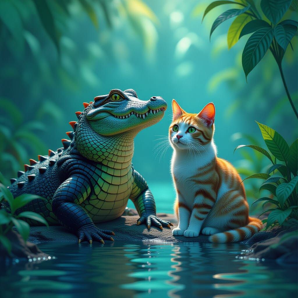 Alligator and Cat in a Detailed Matte Painting