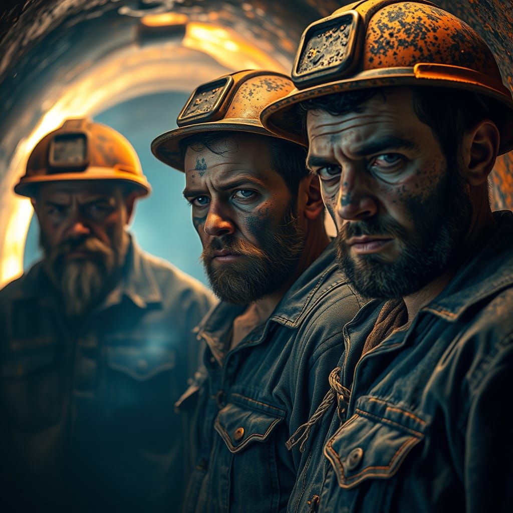 Exhausted Miners in a Visceral Industrial Scene