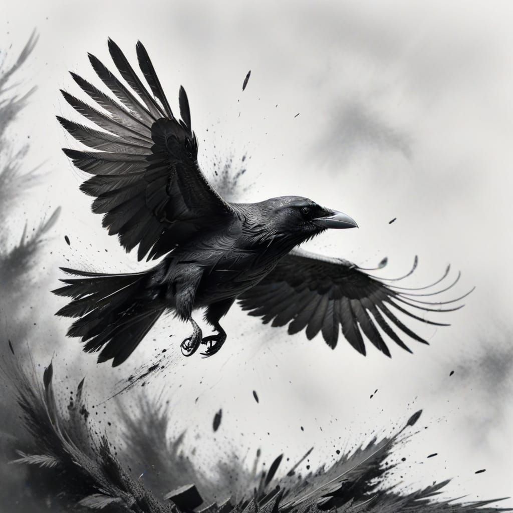 Charcoal Raven Ascends from Paper in Macro Realism