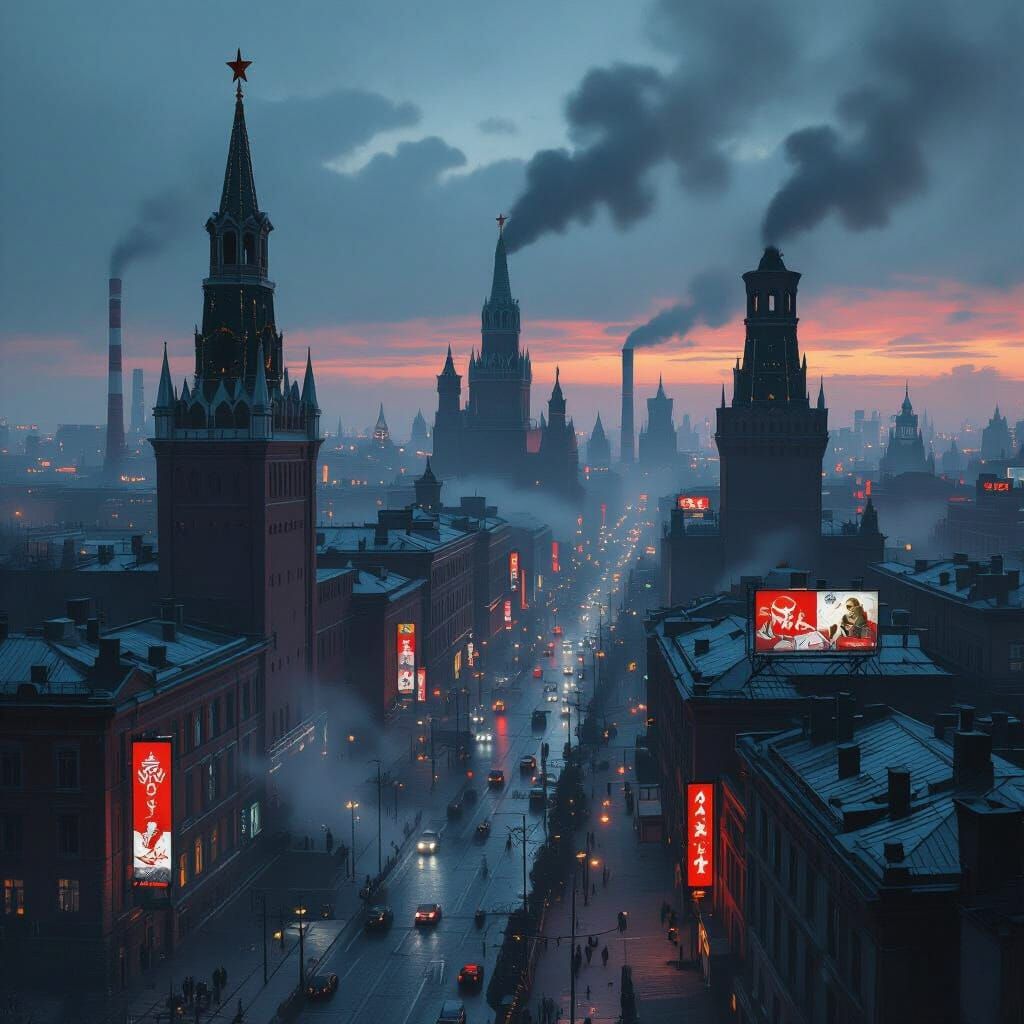 Oppressive Soviet Cityscape in Twilight Matte Painting Style