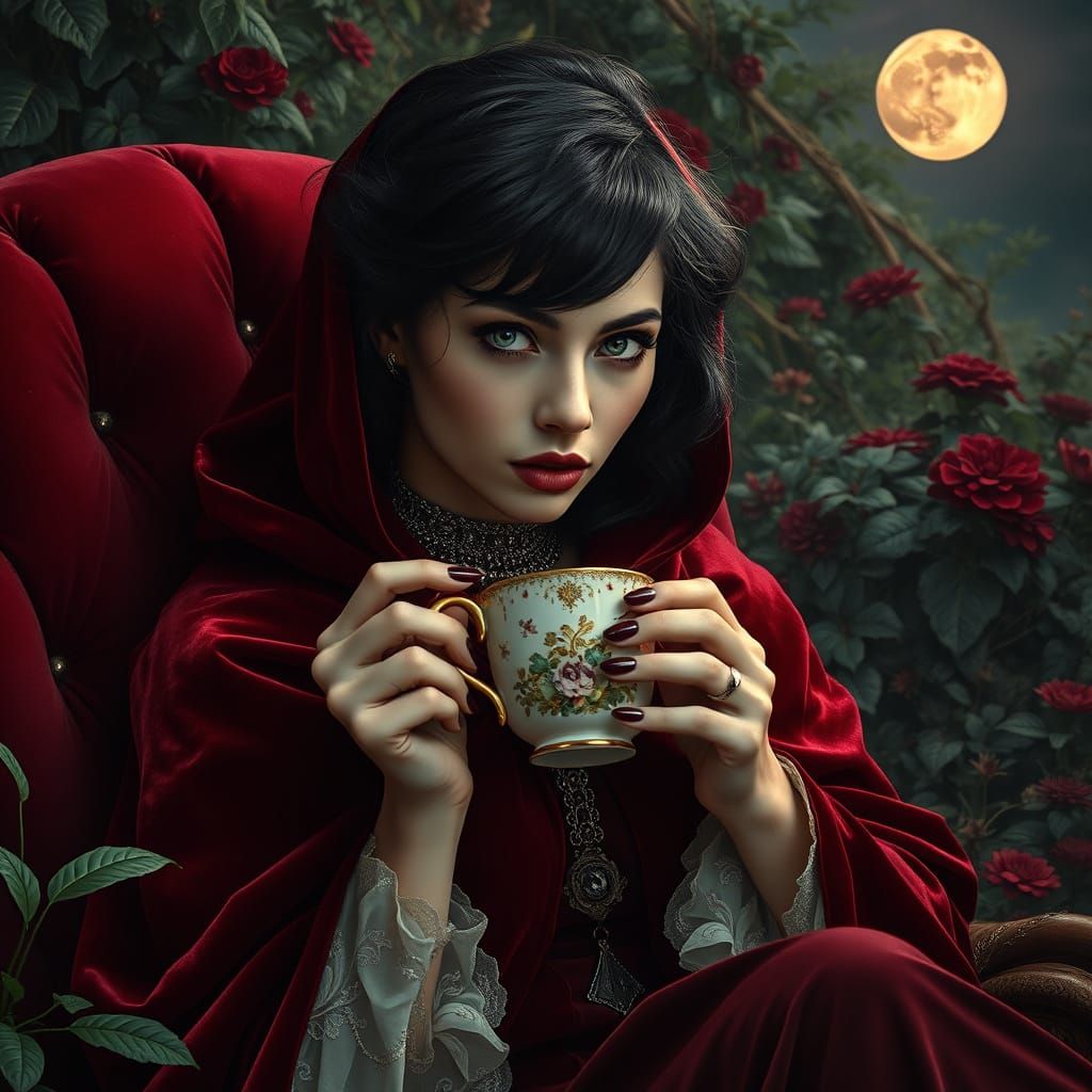 Ethereal Woman in Crimson Velvet, Surrounded by English Gard...