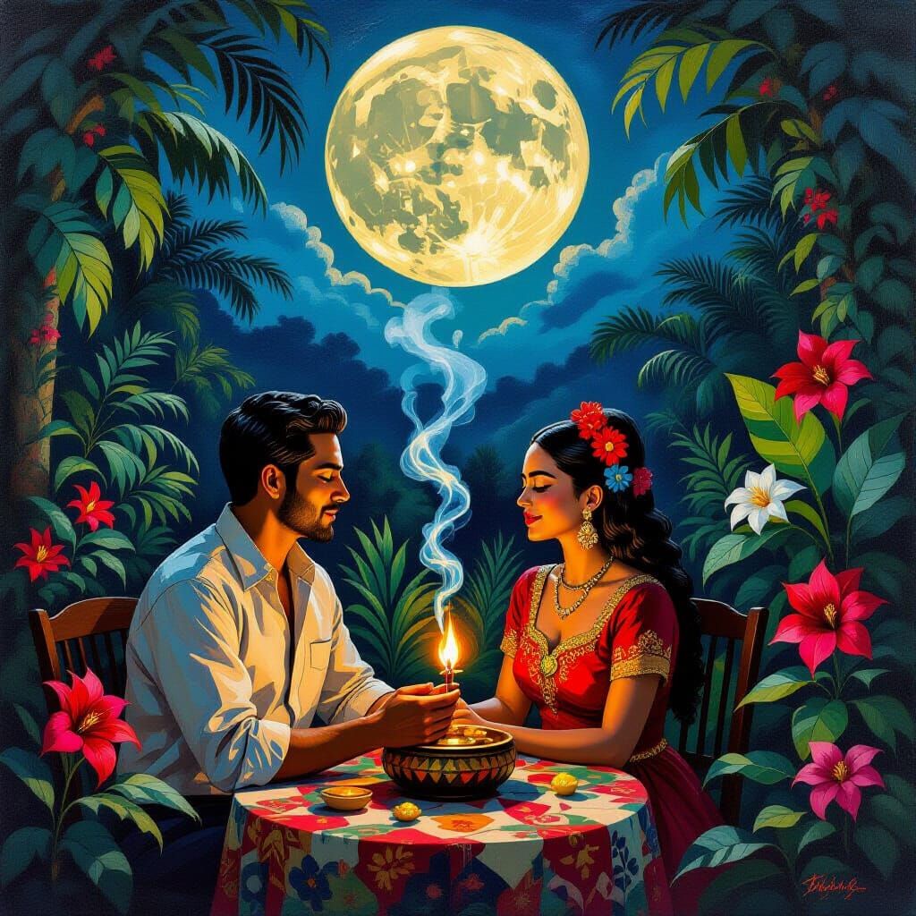 Couple Embracing in Lush Garden with Copal Incense