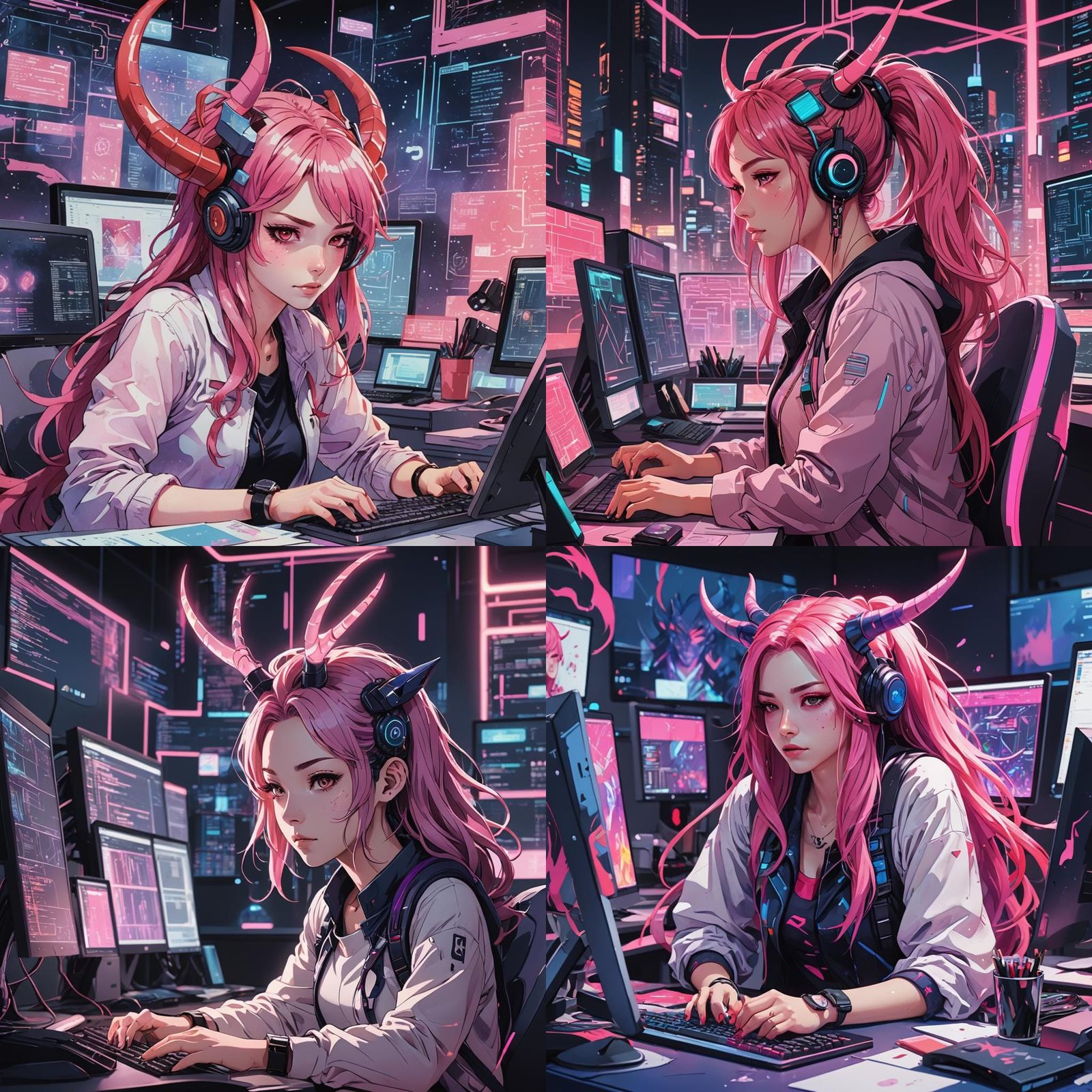 Cyberpunk Coder with Pink Hair and Horns
