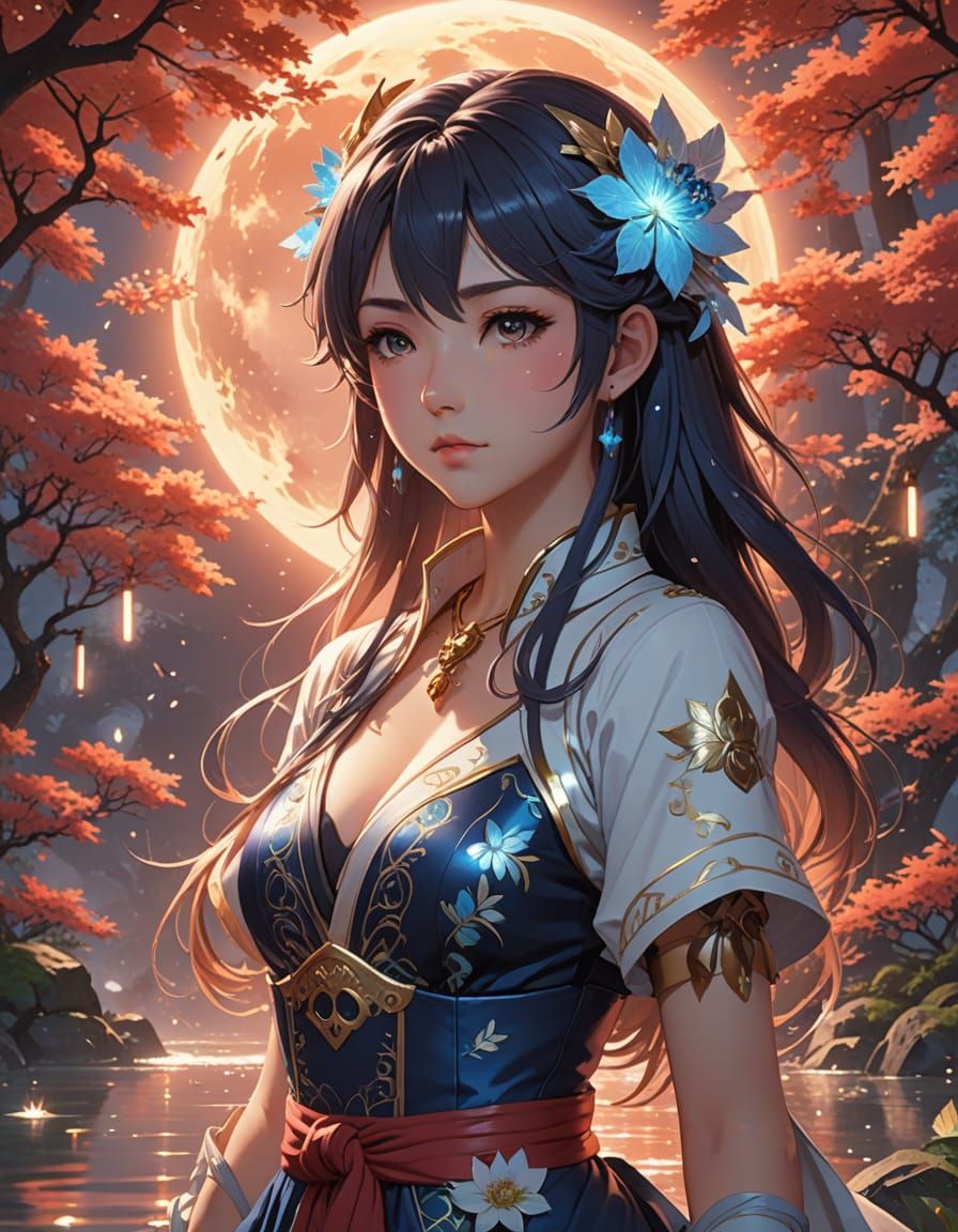 Ethereal Shrine Maiden Wields Glowing Liquid Sword in Moonli...