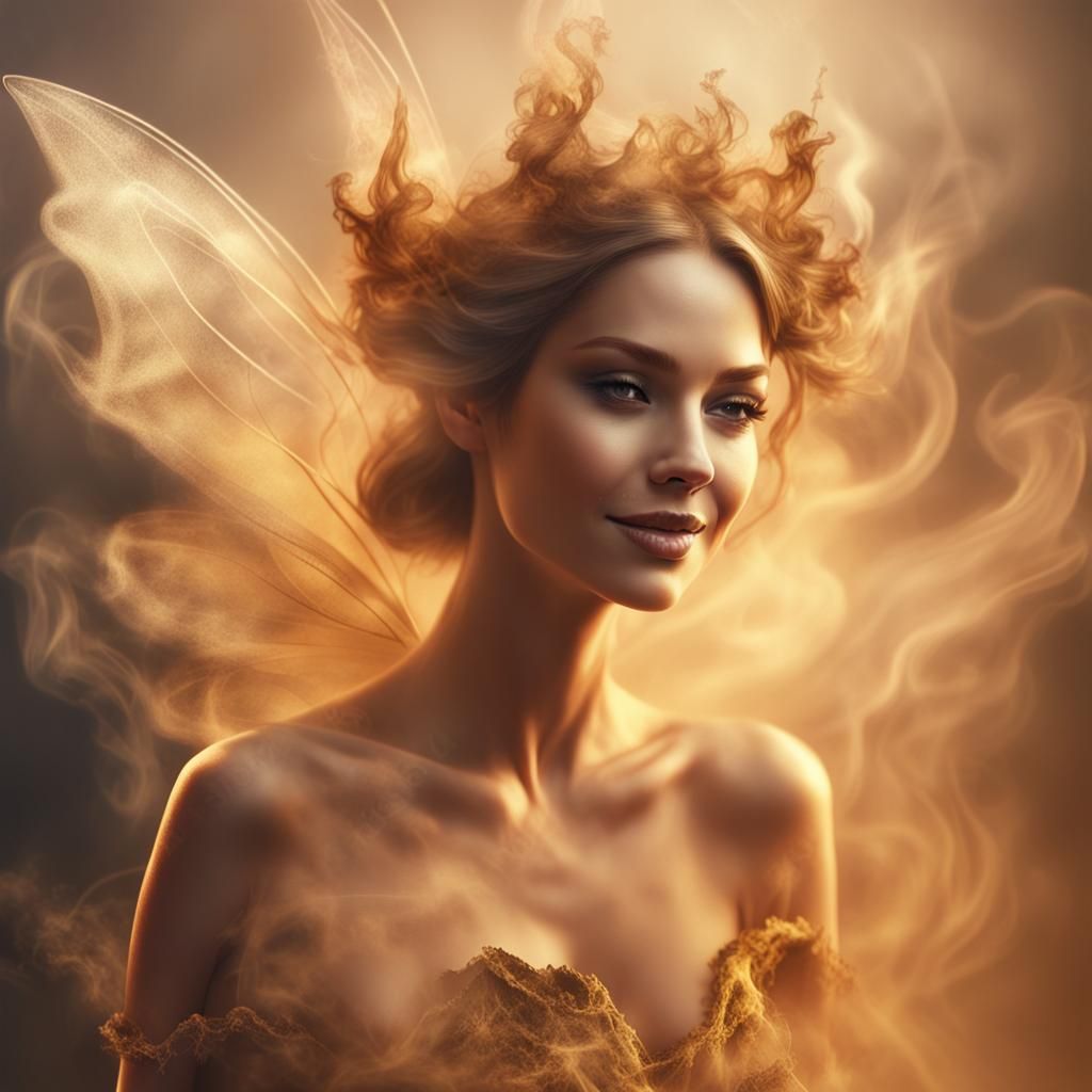 Smoke Fairy with Golden Grin in Dreamlike Illustration