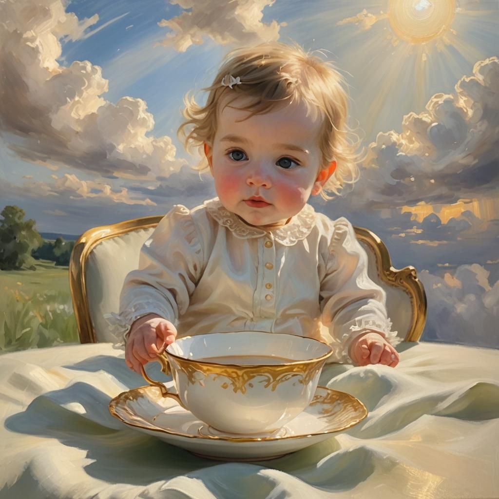 Baby in Teacup: Impressionist Painting in the Sky