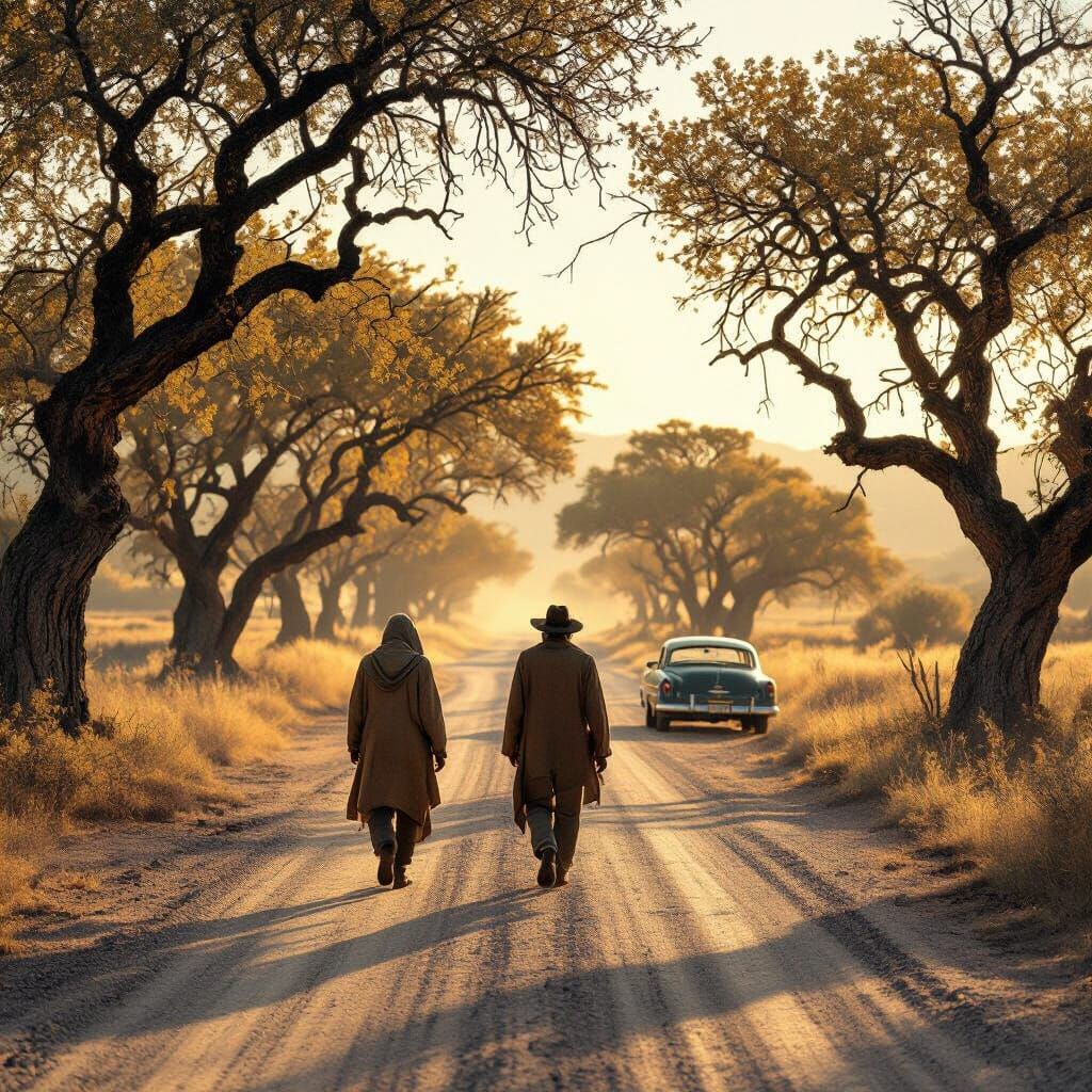 Dusty Road Journey Under Golden Hour Light