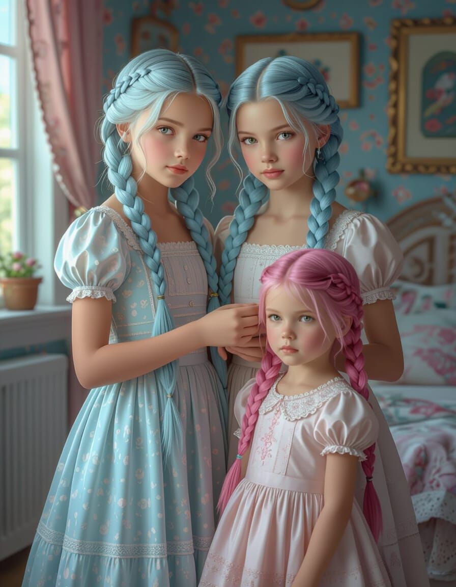 Sisters Braiding Hair in Hyperrealistic 3D Render