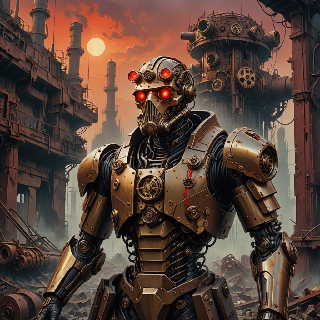 Steampunk Cyborg in Dystopian Ruins Digital Painting