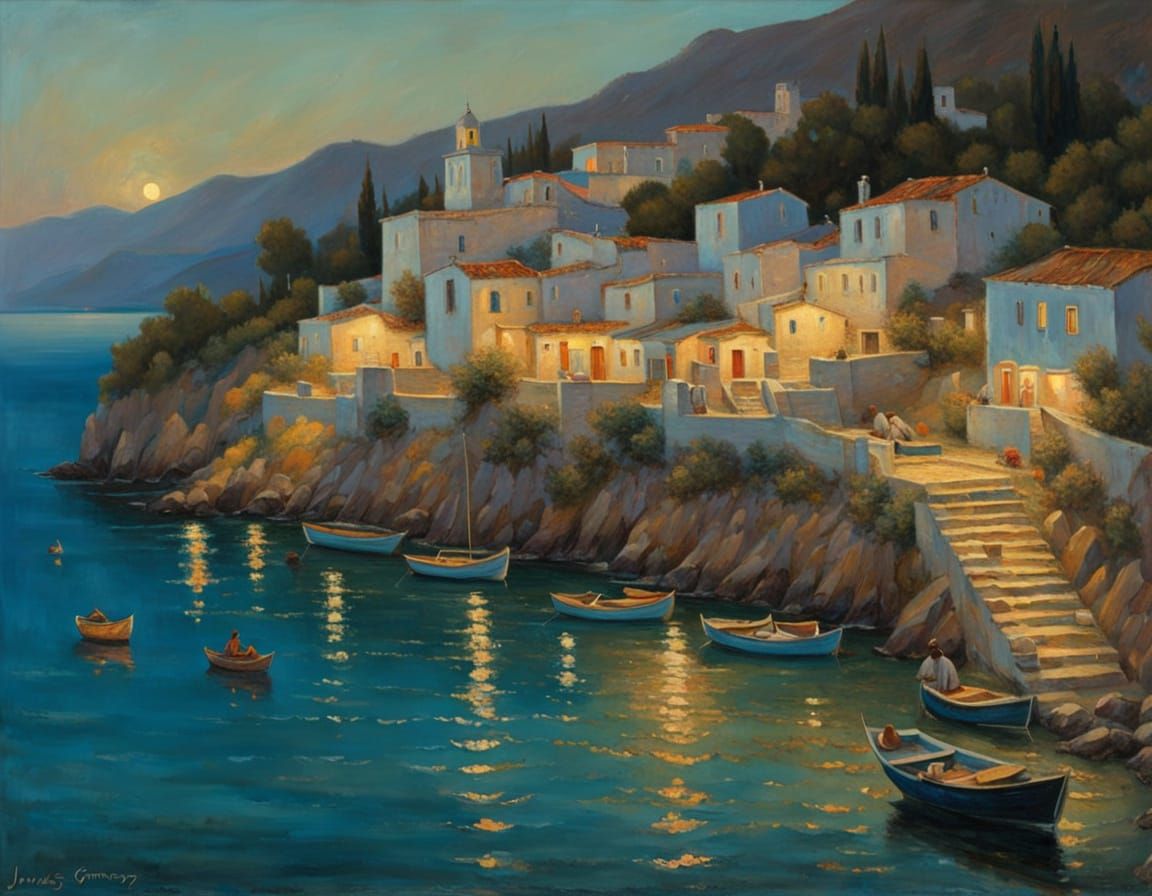 Greek Coastal Town at Night: Oil Painting