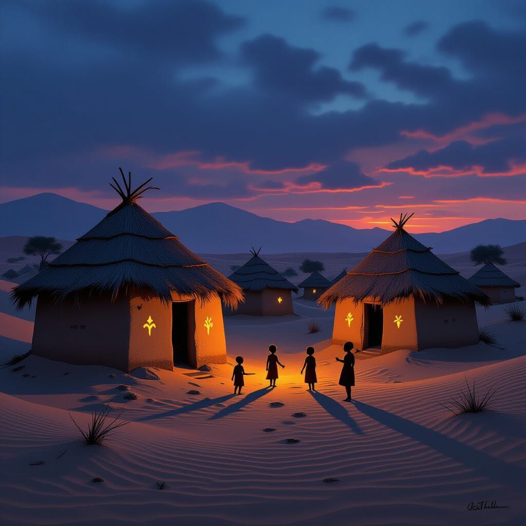 Deserted African Village with Ghostly Children, in Dark Fant...