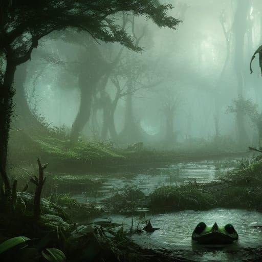 Werefrog Village in Lush Swamp: Dark Fantasy Concept Art