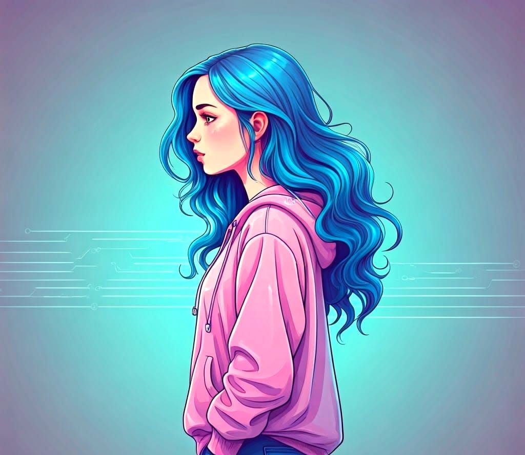 Blue-Haired Teen Portrait in Digital Art Style