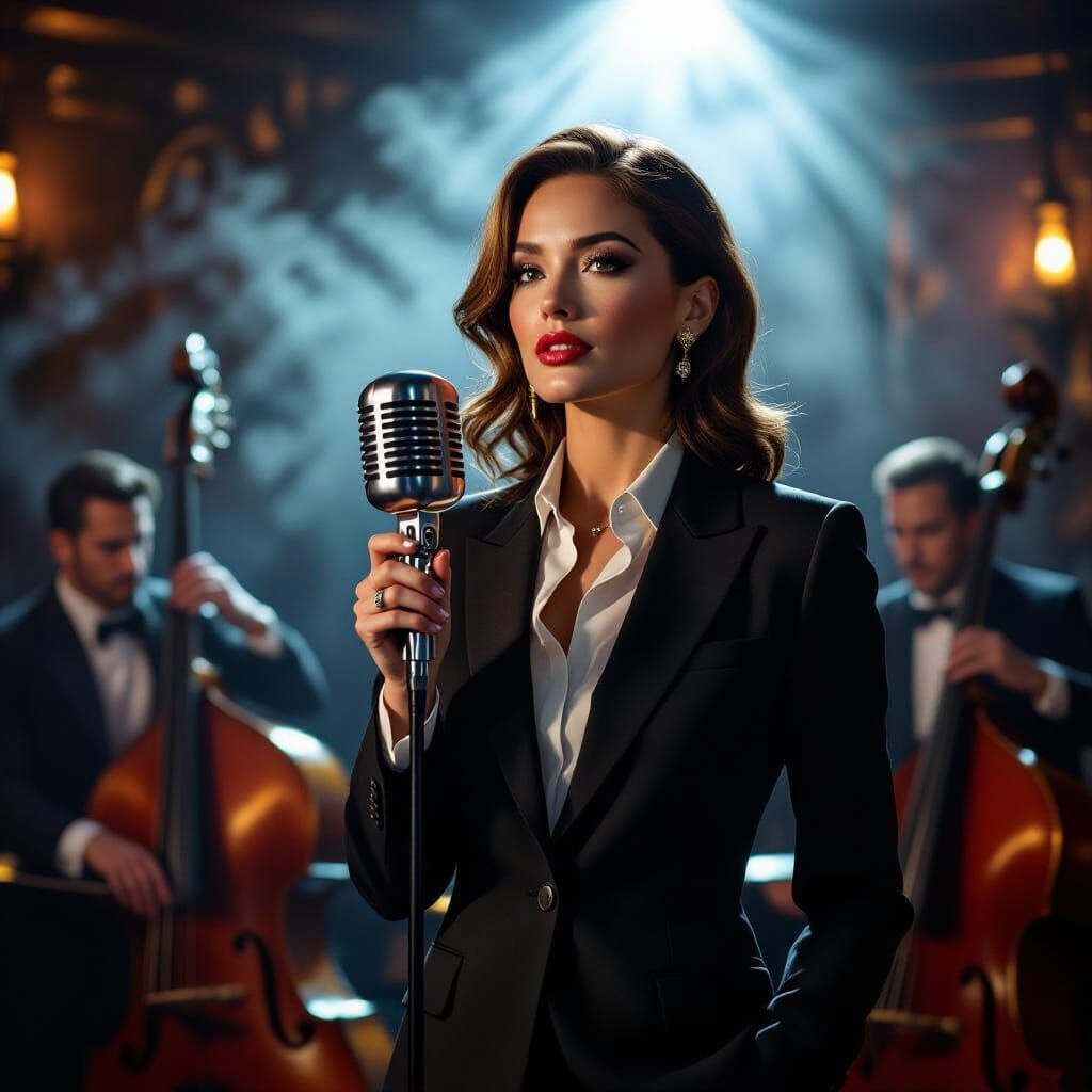 Sophisticated Woman in Jazz Club with Microphone