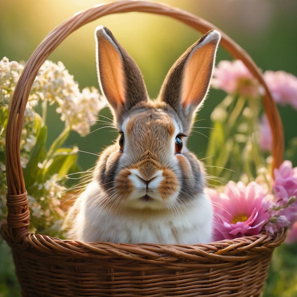Bunny in Basket with Flowers: Macro Nature Photography