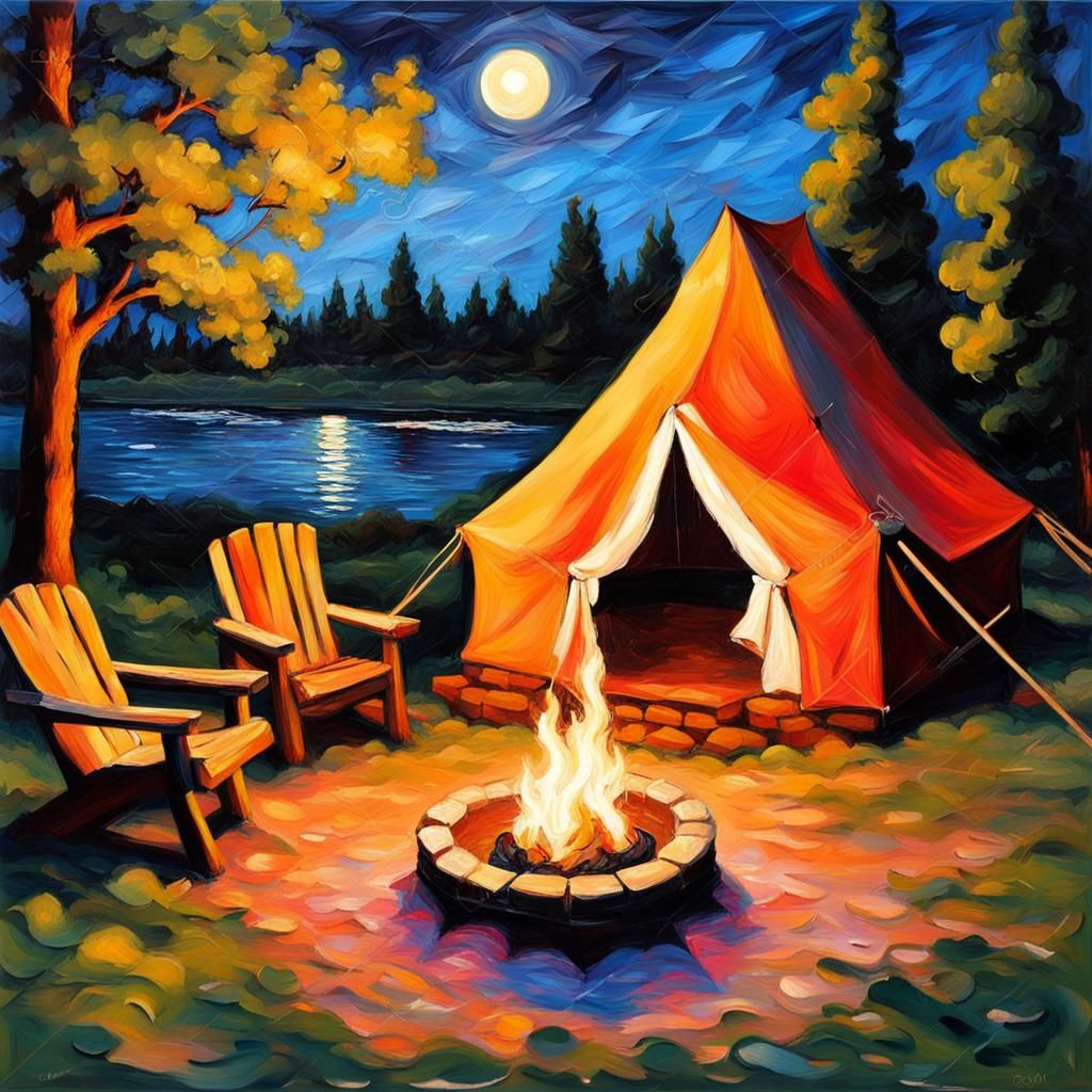 Glam Camping Under Moonlight: An Impressionist Painting