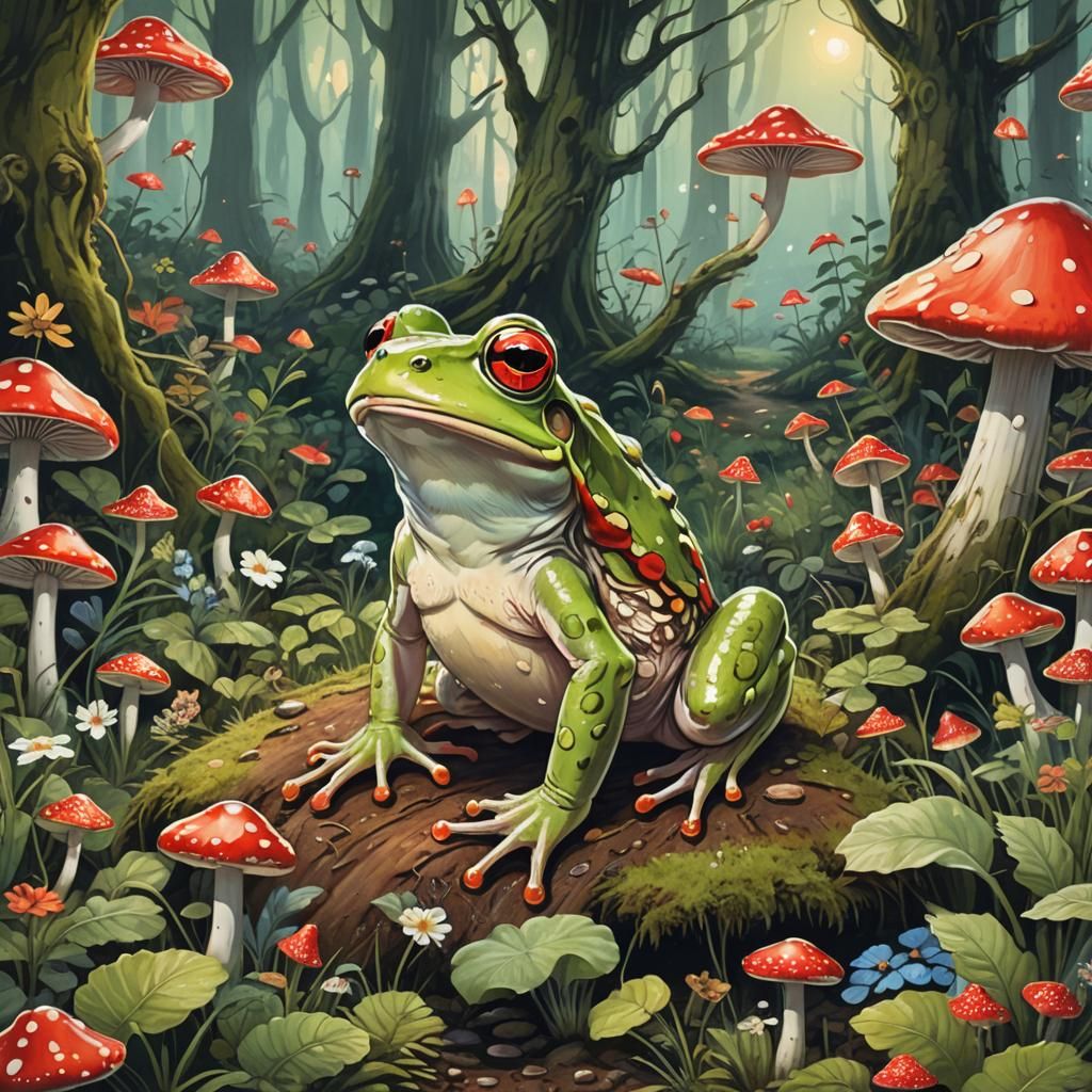 Cheerful Frog in Enchanted Forest: Digital Art