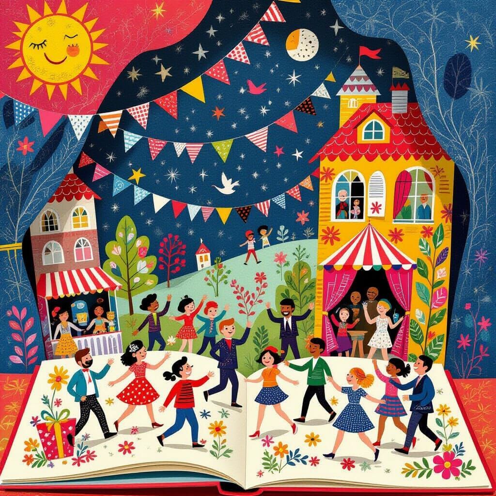 Party Scene in Pop-Up Book Collage Style