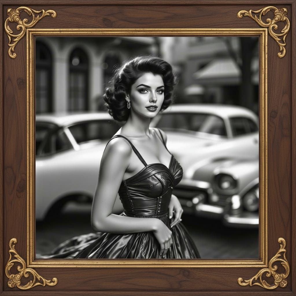 Vintage 1950s Woman Posing with Classic Car