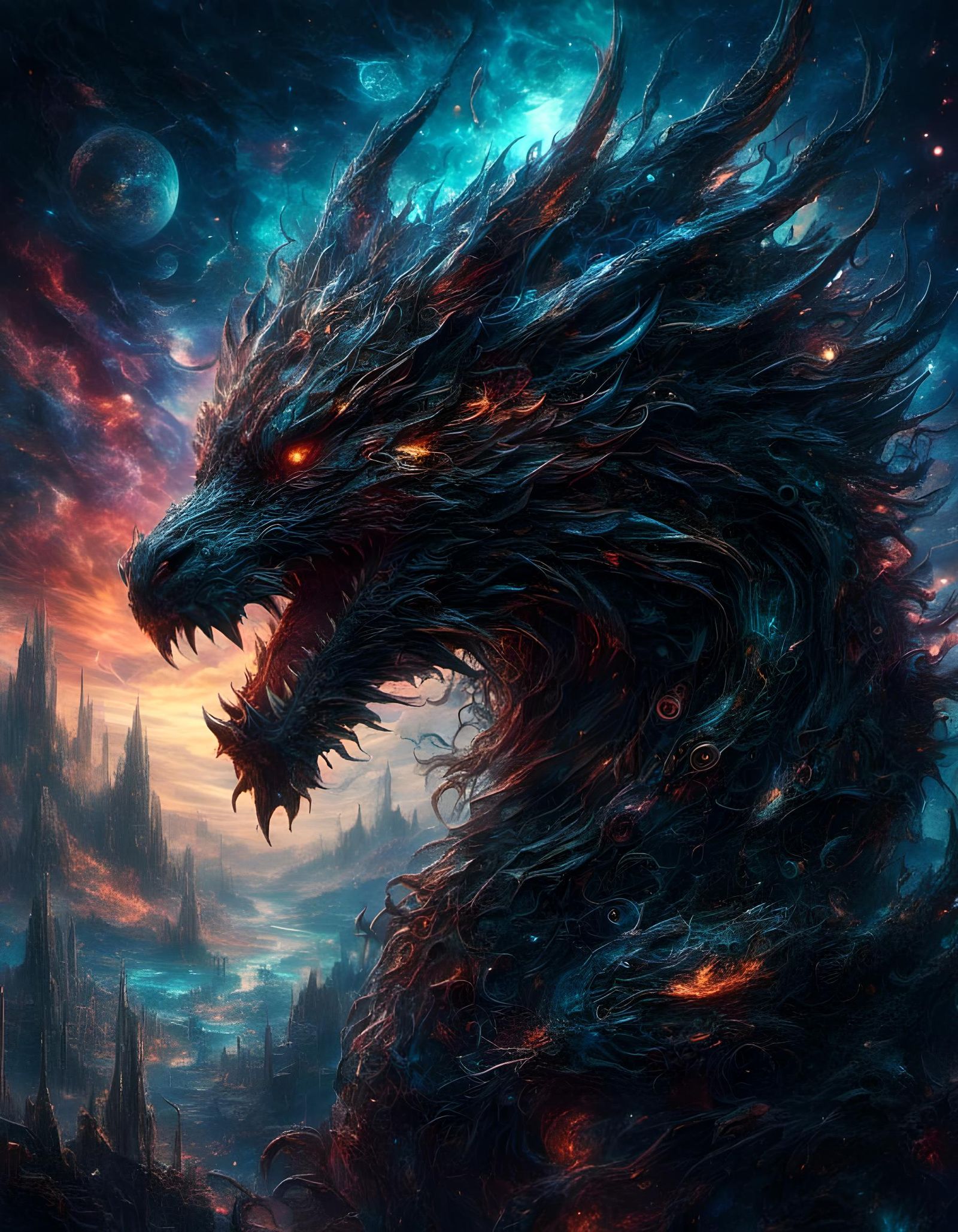 Cosmic Cyberpunk Dragon in a Surreal Galaxy Landscape