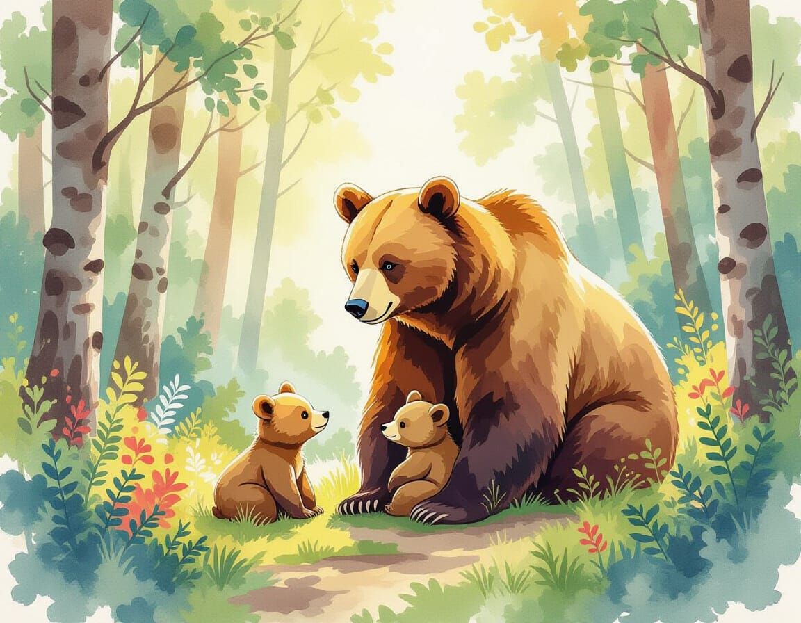 Mother Bear and Cubs in Watercolor Forest