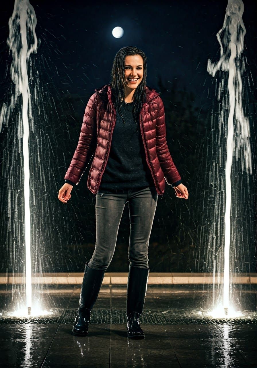 Woman Dances in Fountain on Autumn Night