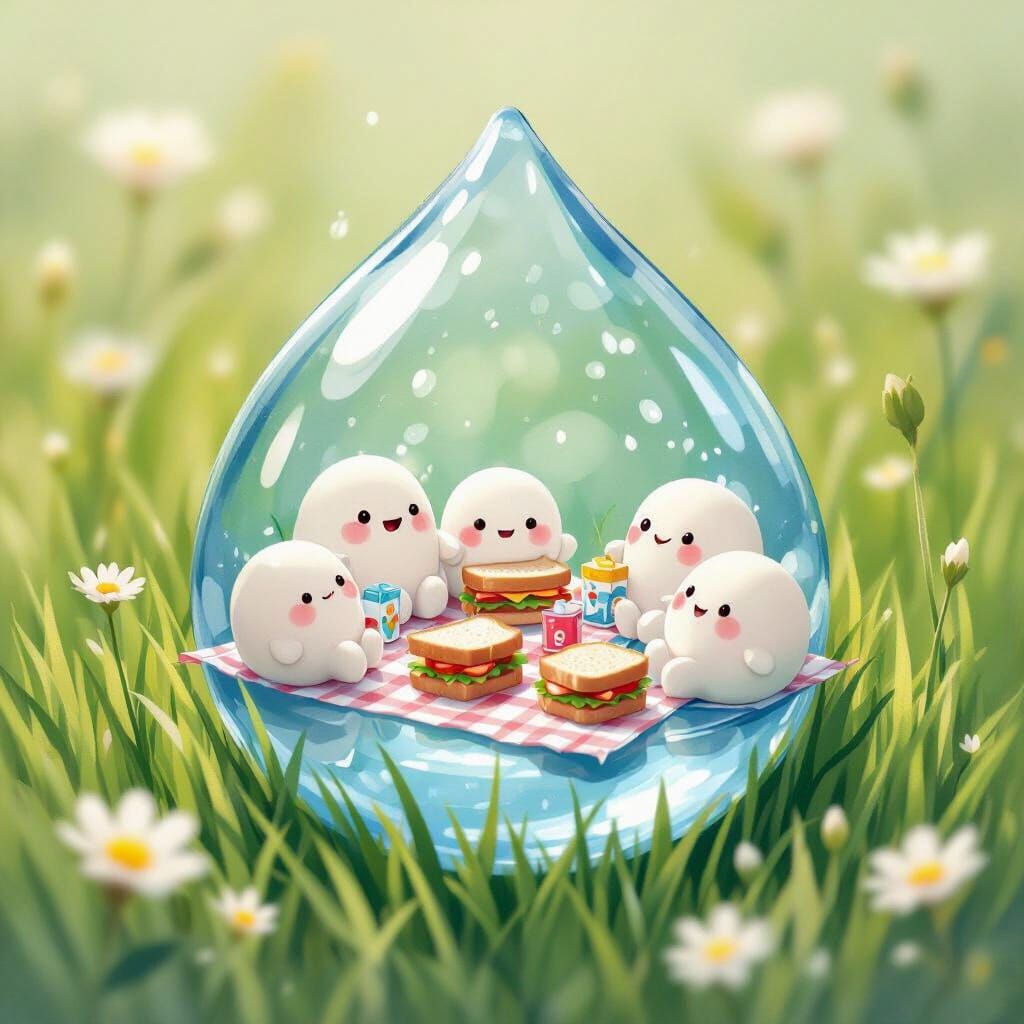 Friendly Cells Picnic on Water Droplet in Watercolor Style
