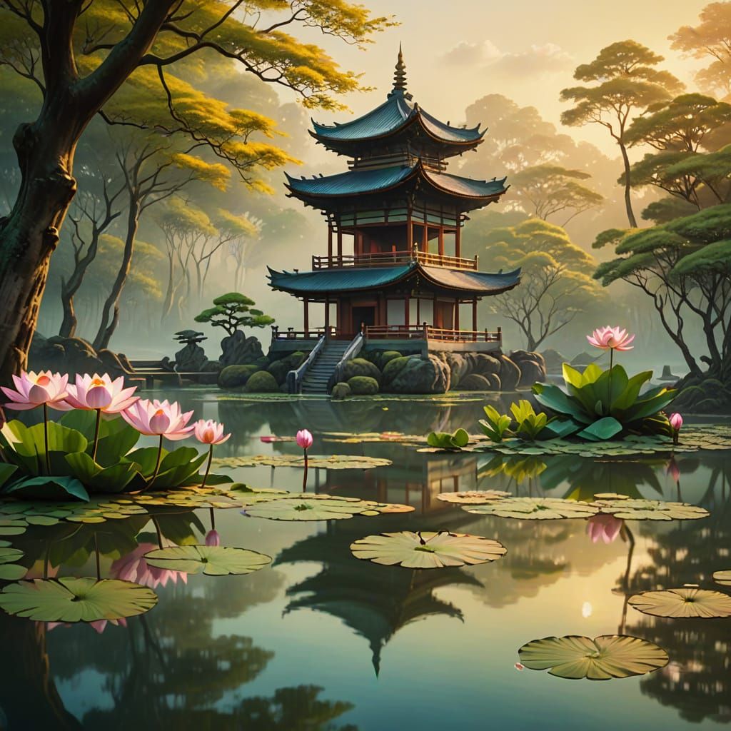 Zen Temple Beside Pond in Oil Painting Style