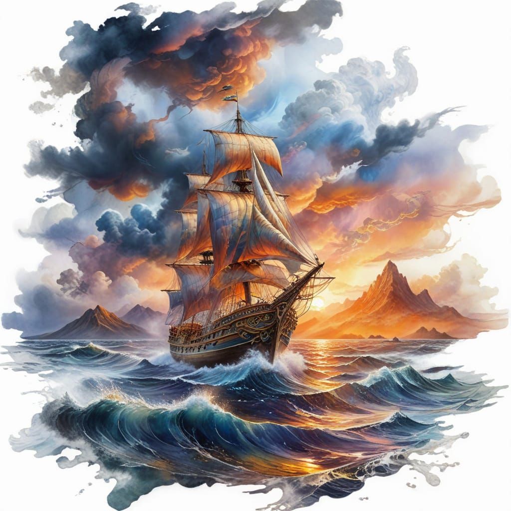 Ship on Stormy Seas with Volcanoes, Maximalist Watercolor St...