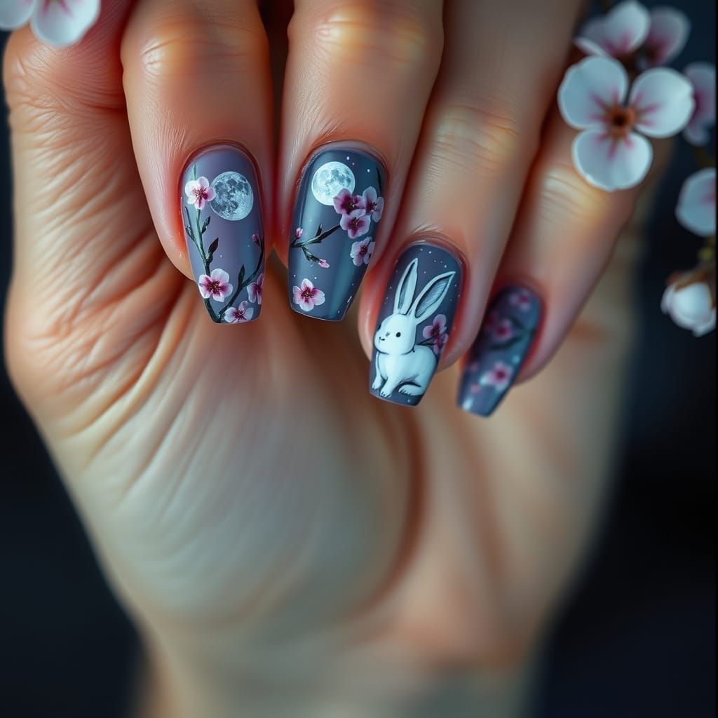 Acrylic Nail Art Moon Rabbit and Cherry Blossoms