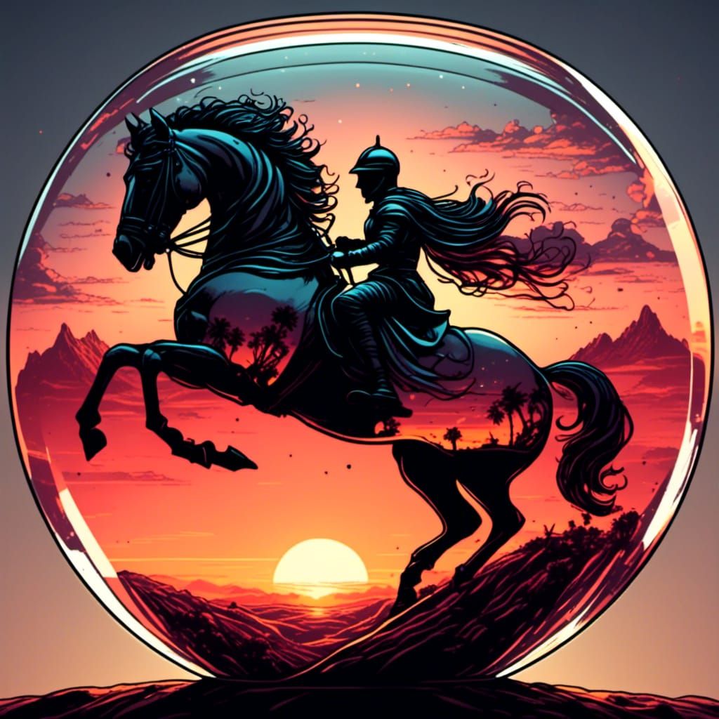 Glass Knight Rides Through Desert Sunset