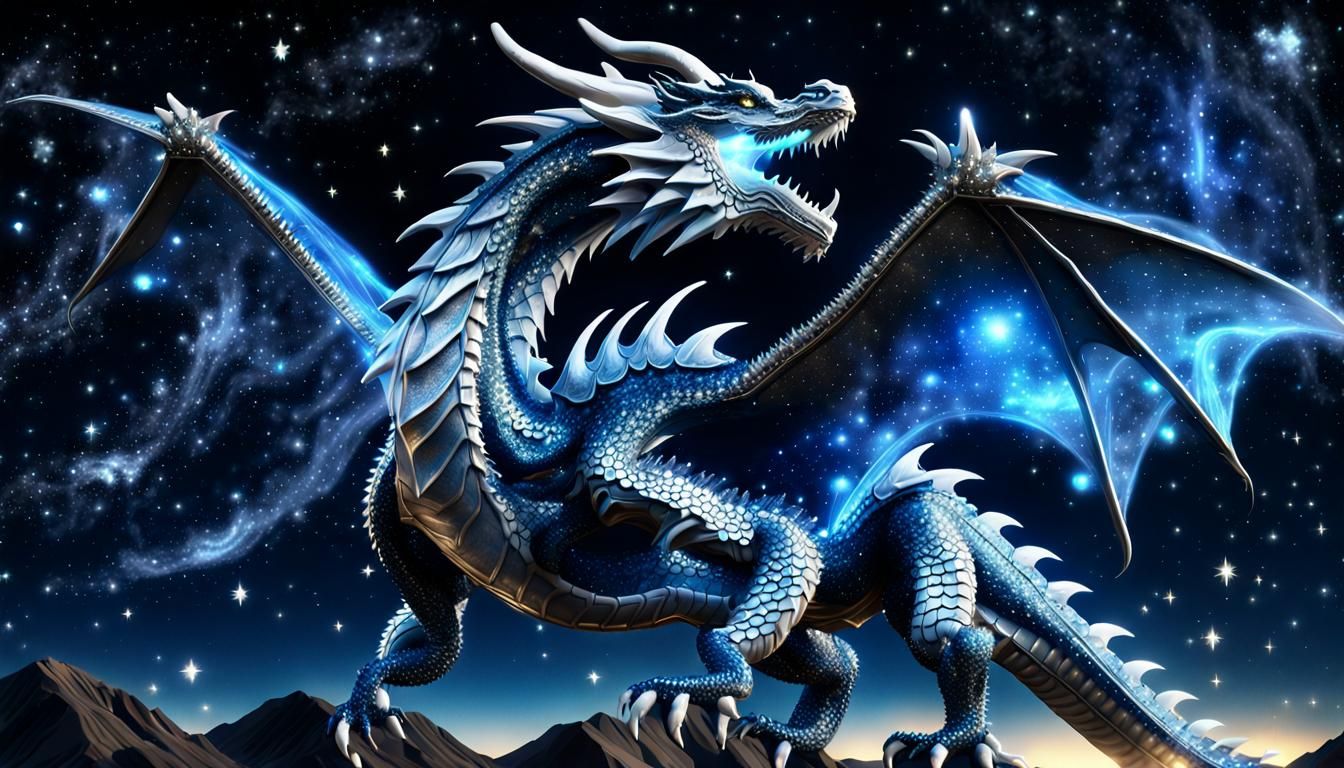 Majestic Blue Dragon Soaring in Starry Night Sky