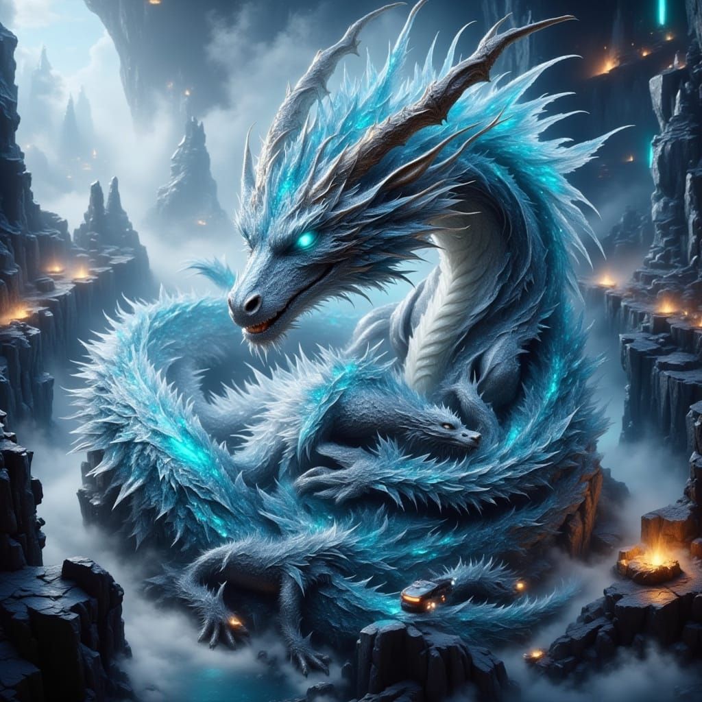 Mother Dragon Coiled Around Young in Futuristic Skyscraper
