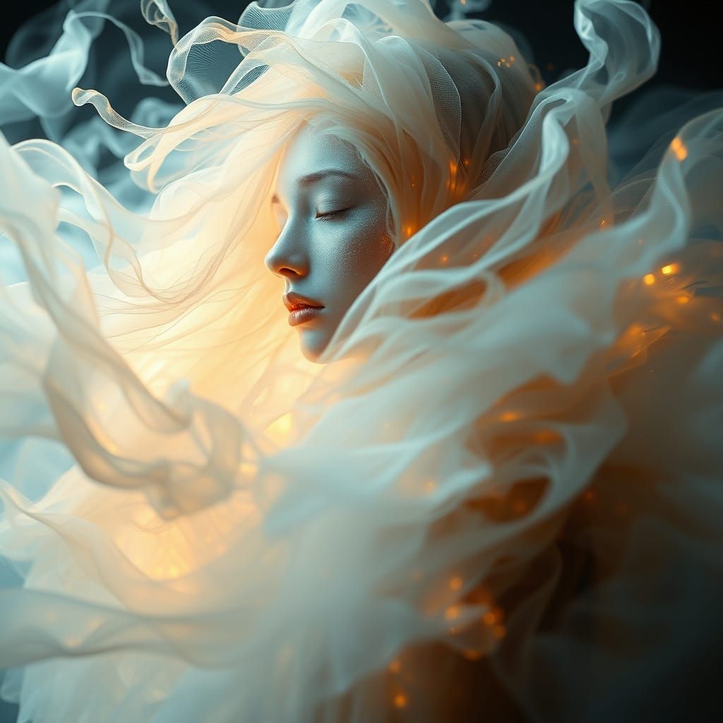 Ethereal Figure Amidst Flowing Fabrics in Luminous Digital M...