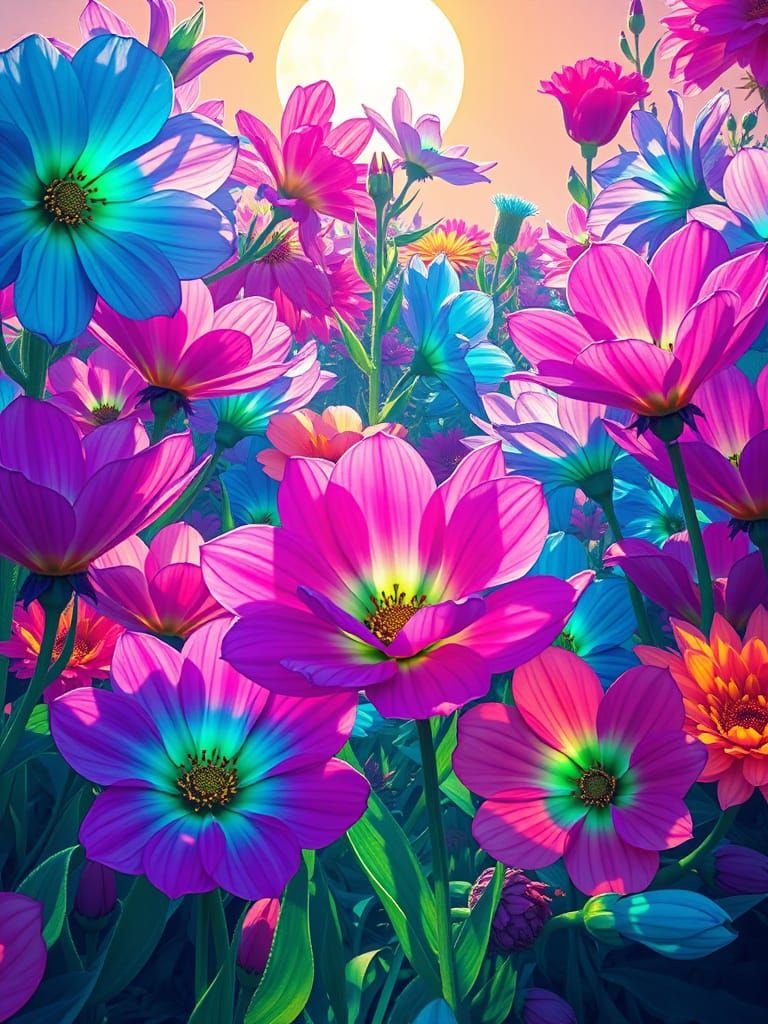 Exotic Bioluminescent Flower Garden in Hyperrealistic Style