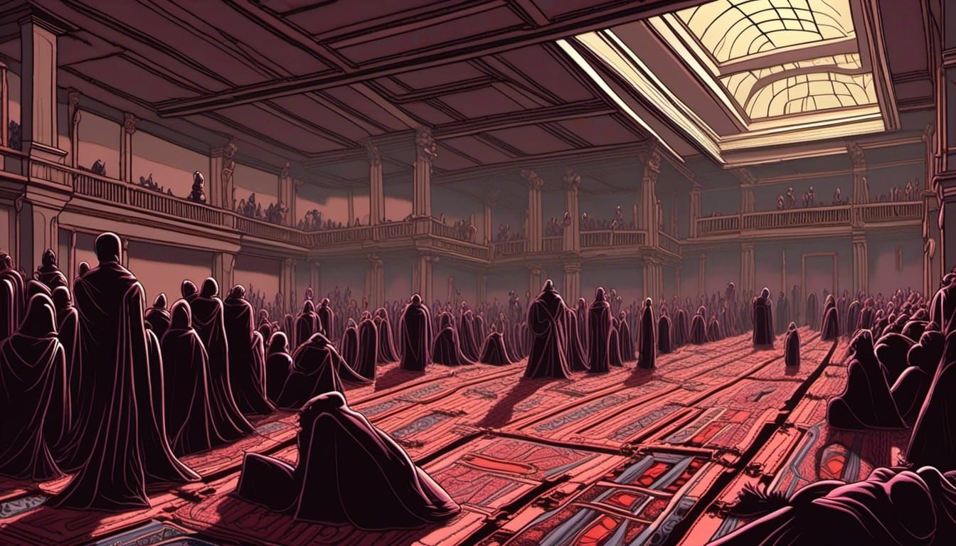 Dystopian Indoor Scene with 3D Shading and upward-facing fig...