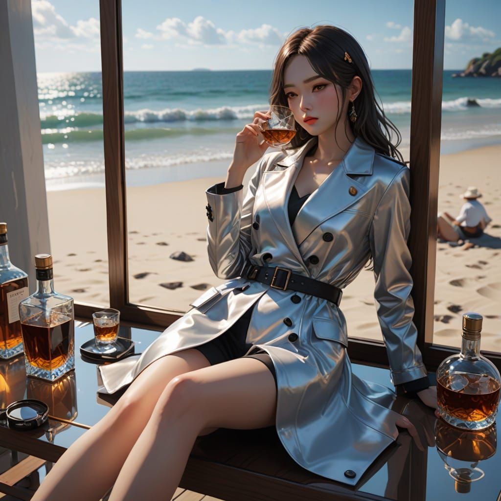 Anime Girl Sunbathing by Mirror with Whiskey