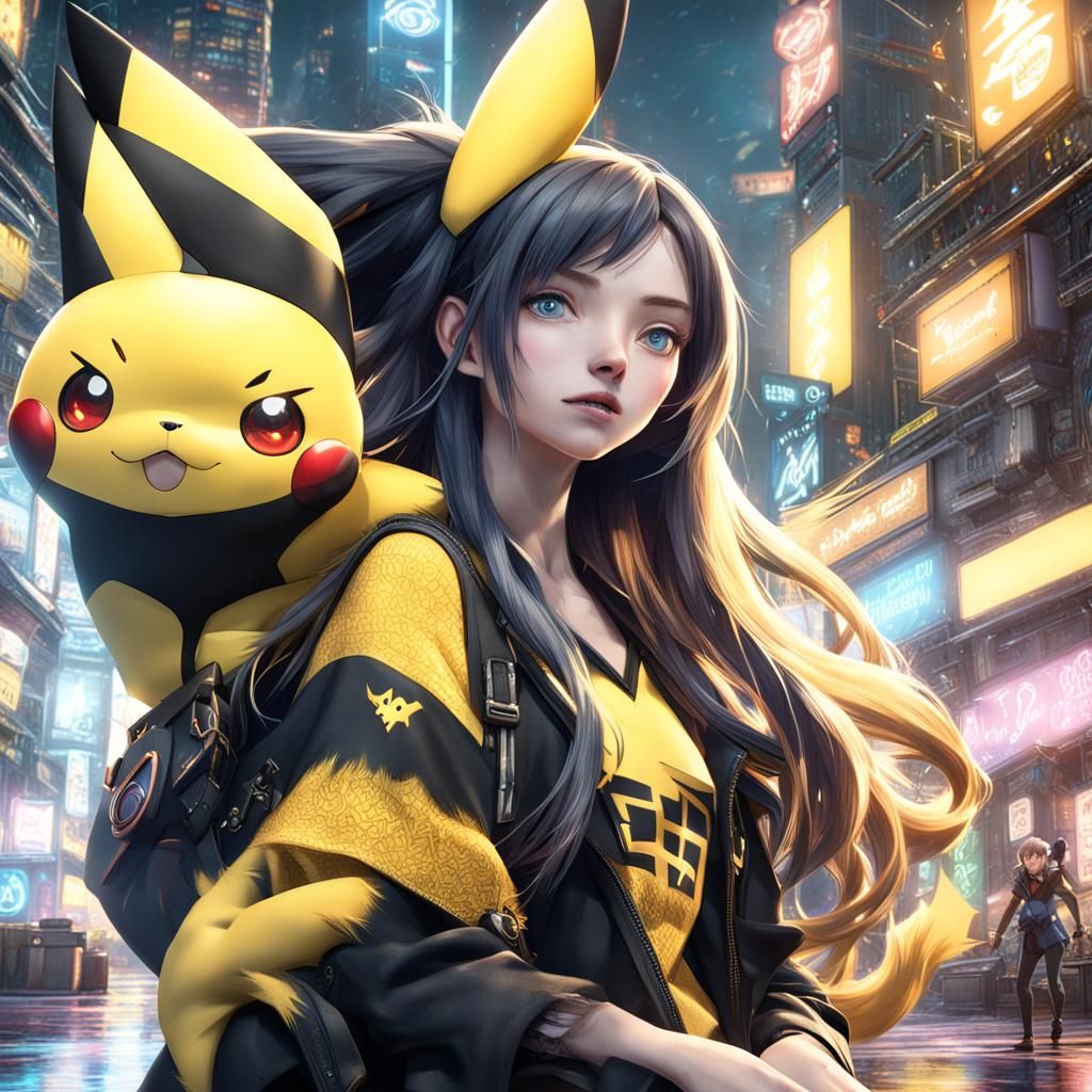 Girl with Cat and Pikachu in Fantasy Art Style