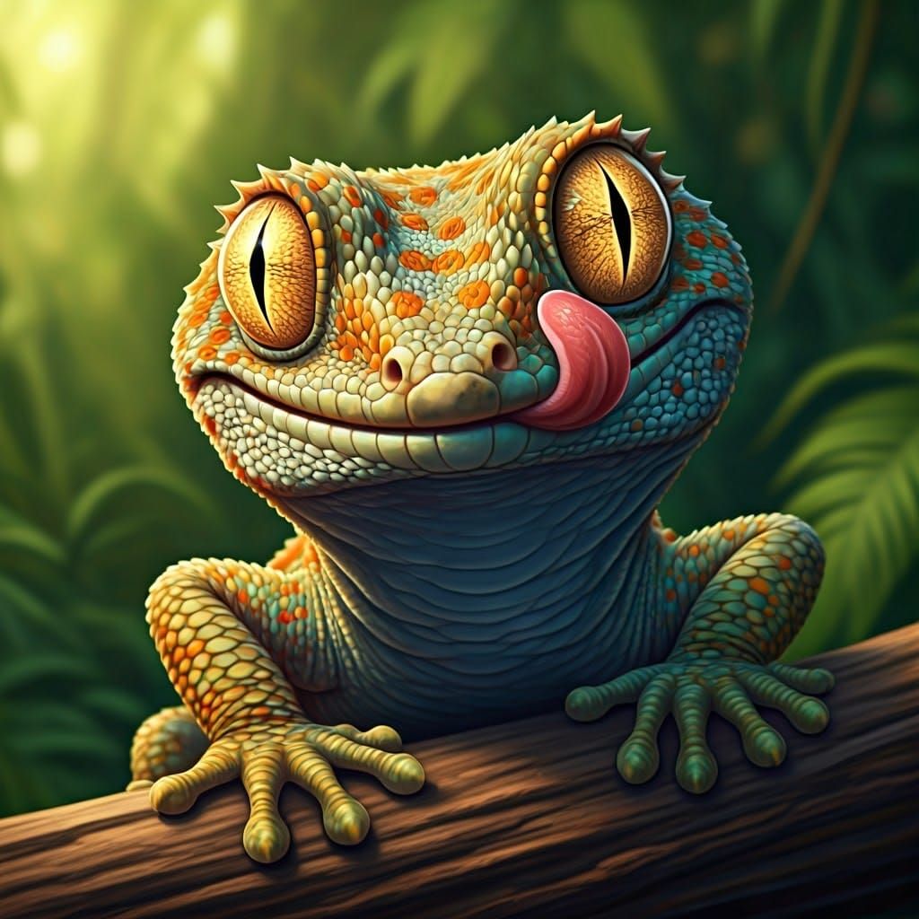 Gecko Licking Eye in Lush Forest, Watercolor Illustration
