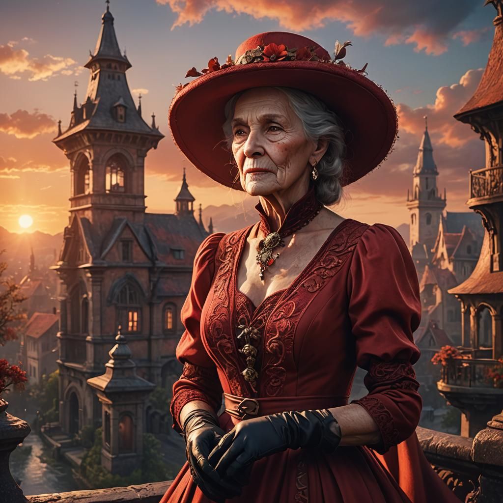 Elegant Woman in Red Dress at Sunset: Fantasy Art