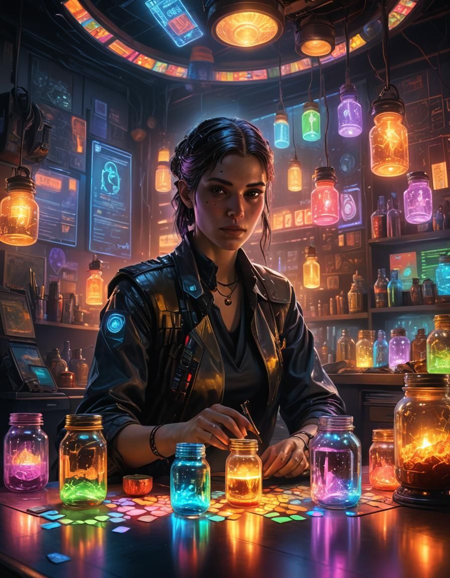 Woman Weighing Options in Cyberpunk Setting