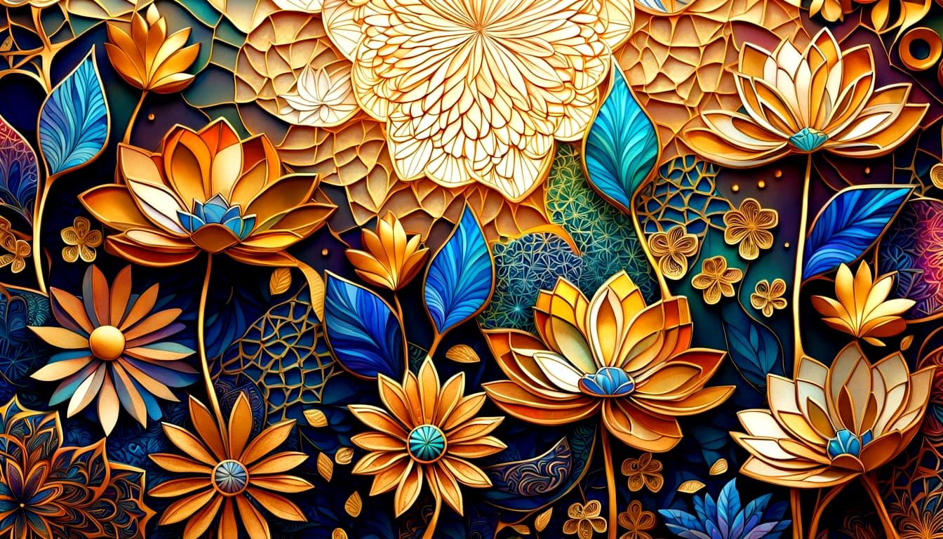 Holographic Floral Triptych with Gold Embossing and Intricat...