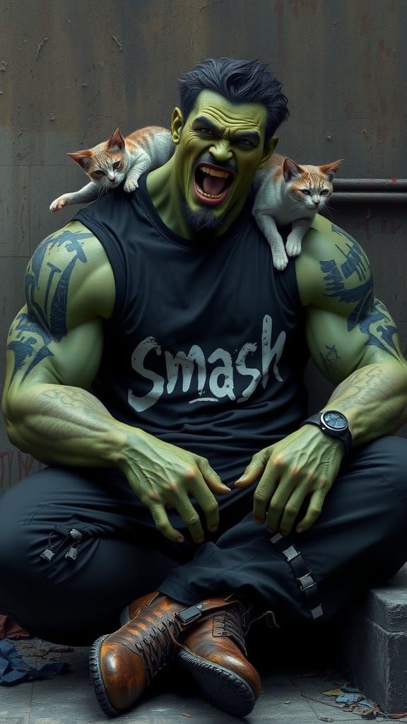 Giant green muscular humanoid with deep battle scars, messy ...